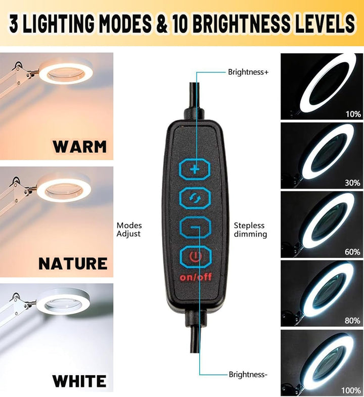 10X Lupe mit Licht und Ständer, Lupenleuchte mit 72 LEDs, 3 Farbmodi Dimmbare&10 Helligkeitsstufen,