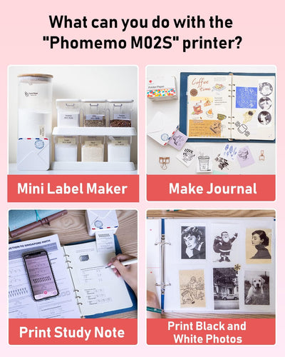 Phomemo M02S Taschendrucker, 300 DPI Mini Drucker für Smartphone Thermodrucker mit 6 Papierrollen, K