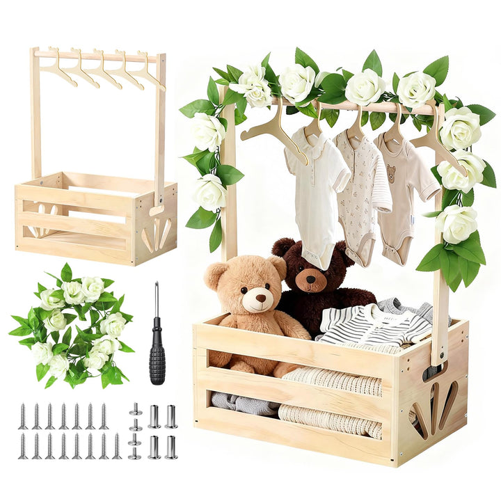 Babyparty Geschenk mit Holz | Praktischer Baby Aufbewahrungskorb mit 6 Holzhaken &amp; Kunstblumengirlan