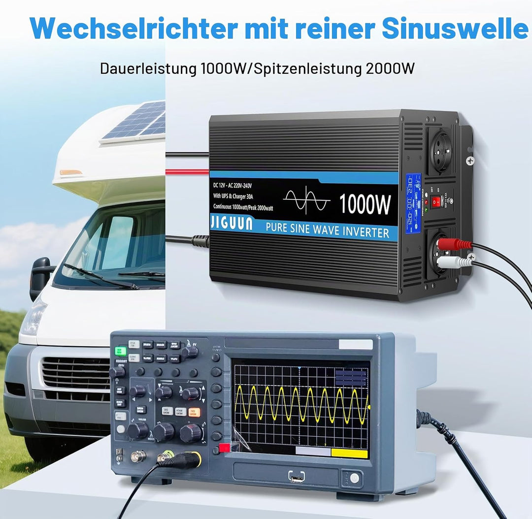 JIGUUN 1000W 2000W Wechselrichter Reiner Sinus Spannungswandler 12v 230v Mit 30A-Ladegerät und Netzv