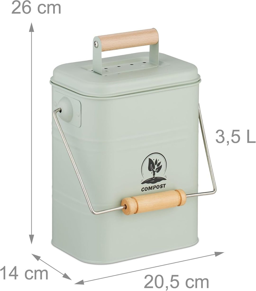 Relaxdays Komposteimer Küche, 3,5 Liter, 2 Aktivkohlefilter, Deckel, Henkel, Eisen & Holz, Biomüllbe