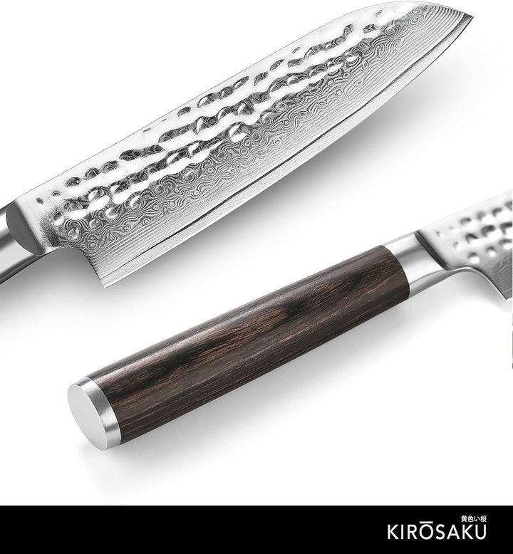 Kirosaku Santoku Damastmesser - Damaskus Messer mit echtem Pakkaholzgriff - Profimesser mit Geschenk