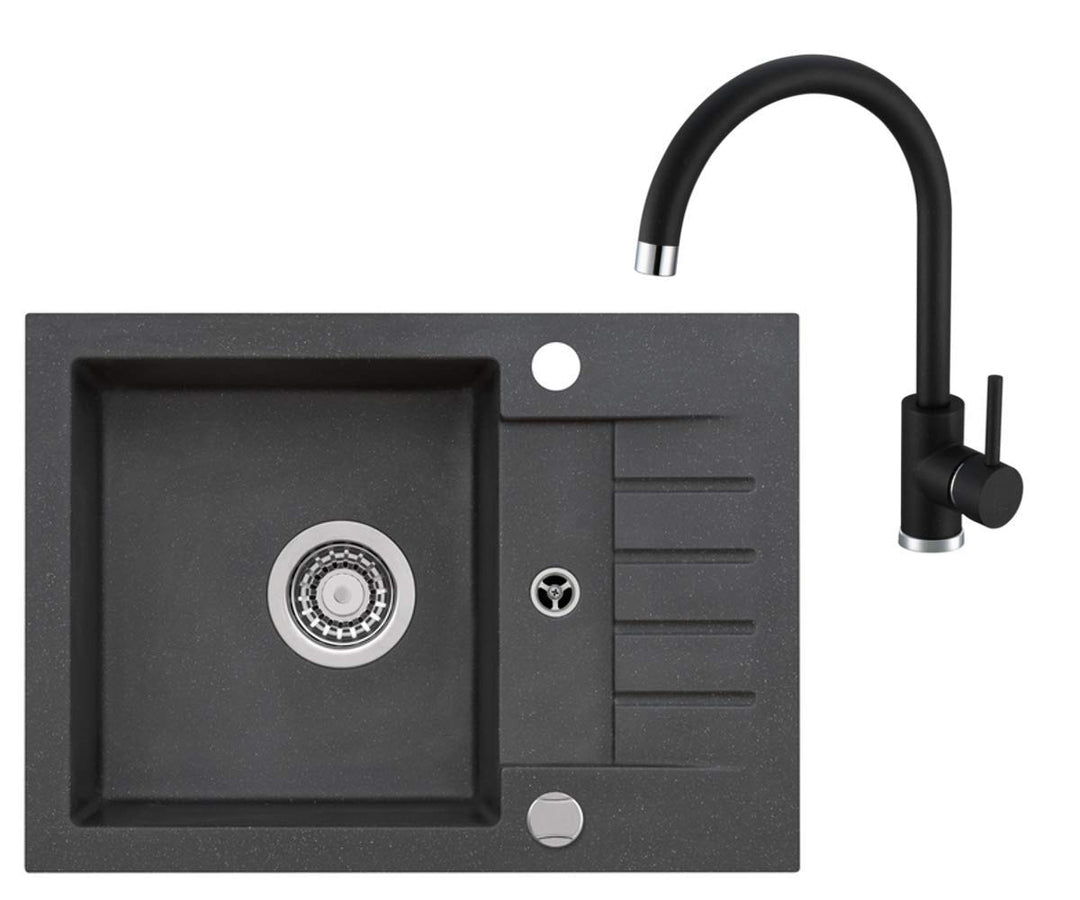 VBChome Spüle Schwarz 58 x 42 cm Spültischarmatur Granit Einzelbecken Einbauspüle gesprenkelt revers