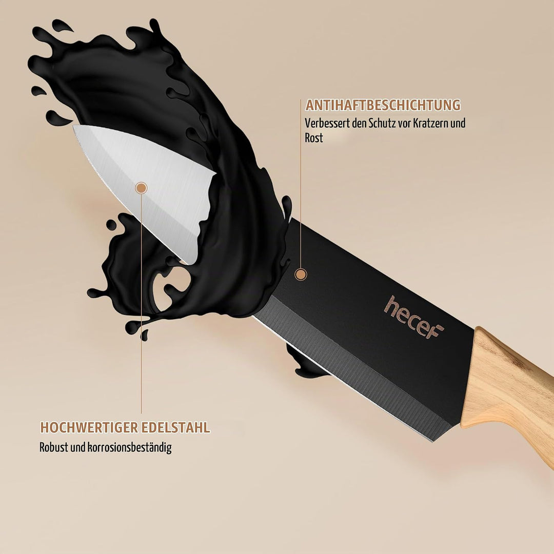 hecef Messerblock Set 6 Teilig, Edelstahl Küchenmesser mit Universalblock, Chefmesser &amp; Santoku, Ext