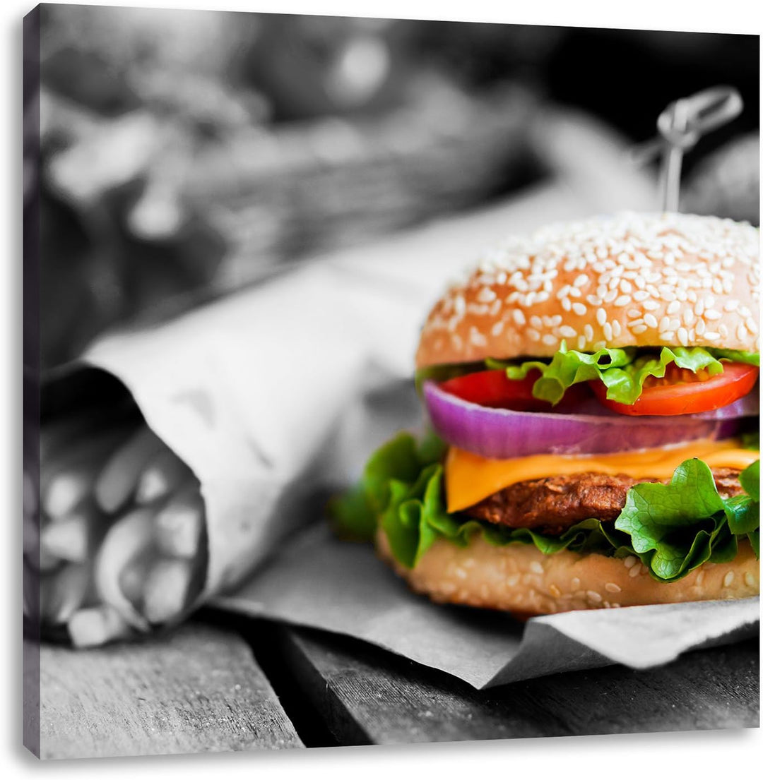Pixxprint Burger mit Pommes als Leinwandbild/Grösse: 70x70 cm/Wandbild/Kunstdruck/fertig bespannt, 7
