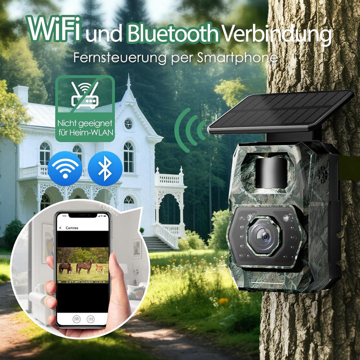 WLAN Wildkamera mit Handyübertragung App - Wildtierkamera mit Nachtsicht Bewegungsmelder Solar Wildk