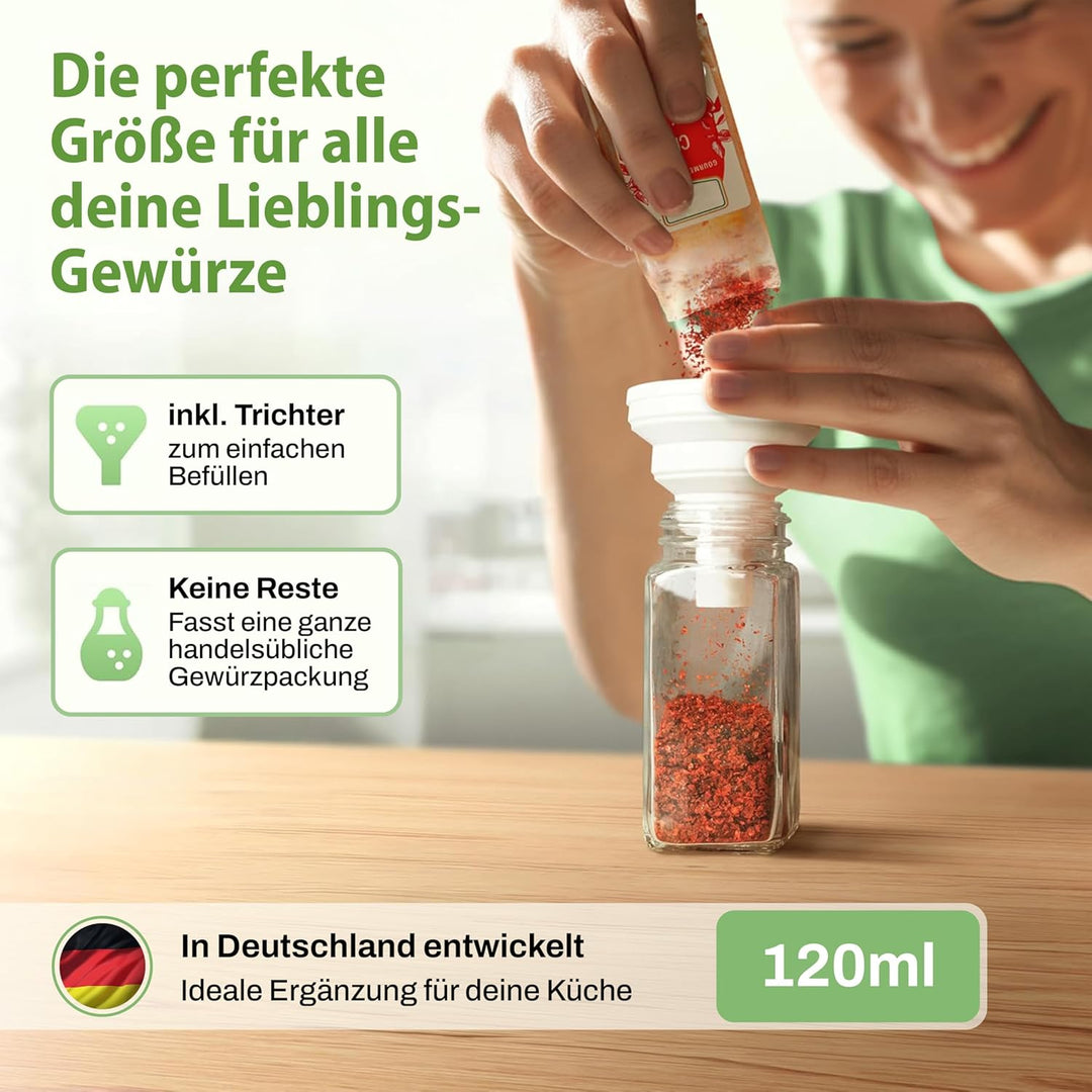 LAEVU Gewürzgläser Set Eckig | 24 Stk. 120ml - 11,1 x 4,5 cm | Gewürzstreuer Bambus mit 350 Gewürzet