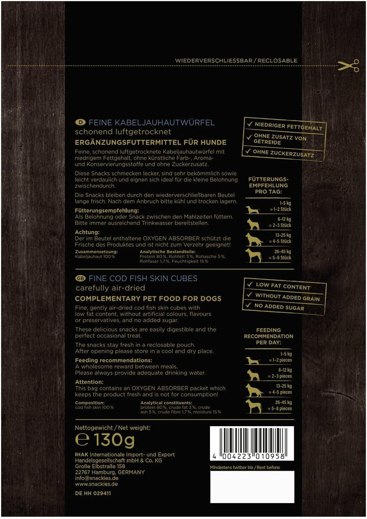 SNACKIES 16er-Pack (à 130g) Premium Snacks für Hunde, Feine Kabeljauhautwürfel ohne Zusatz von Getre