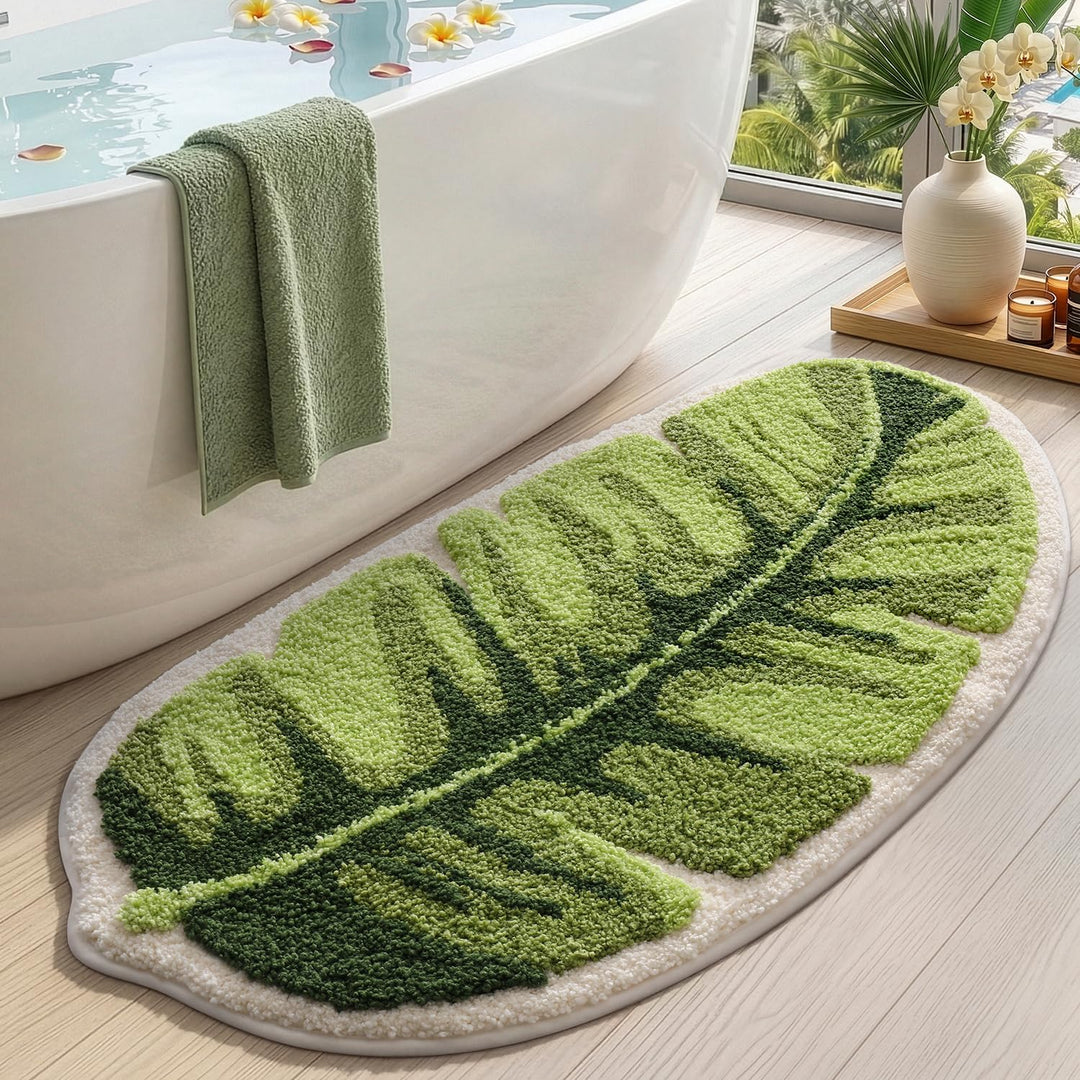 DEXI Badezimmerteppich 61 x 122 cm, Badematte rutschfest Absorbierende mit Monstera Pflanzenmuster,