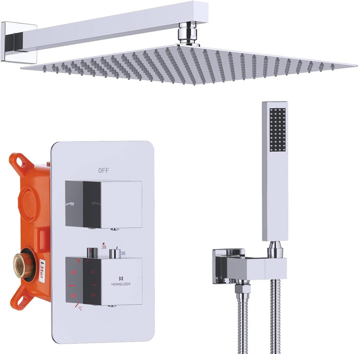 HOMELODY Regendusche Duschsystem mit Thermostat Unterputz Duscharmatur Eckig, Duschamaturenset Chrom