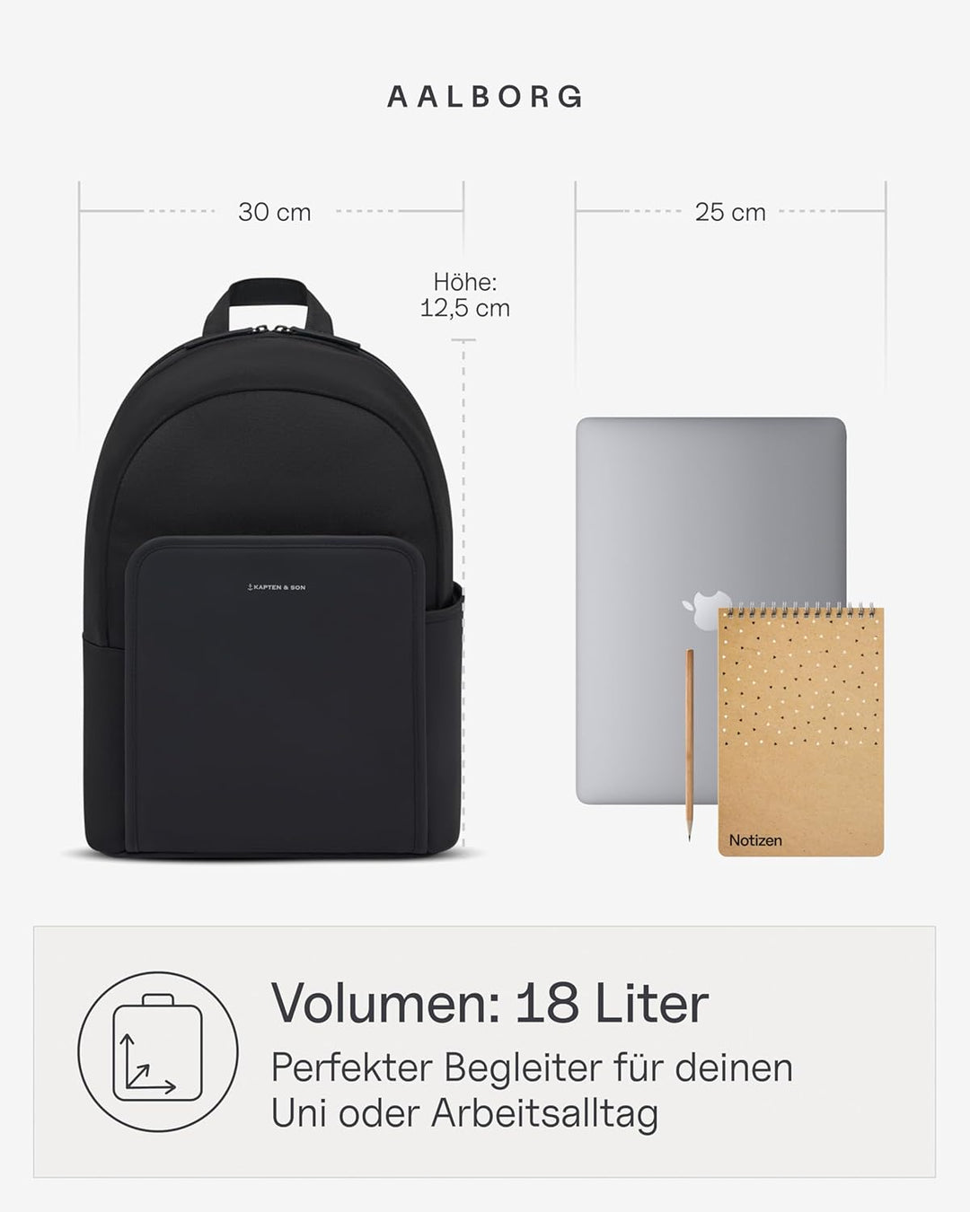 Kapten & Son Rucksack Aalborg NEW All Black 18 L | Rucksack Damen & Herren Schwarz | Handgepäck Ruck