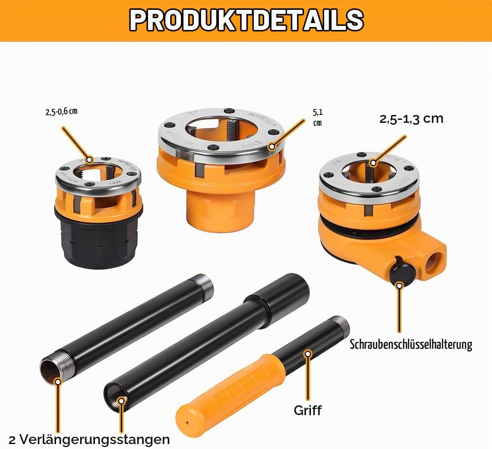 Hoteche Rohrgewindeschneider-Set 3-teilig | 1-1/4"-2" | 9CR2 Schneidbacken | Verchromte Platten