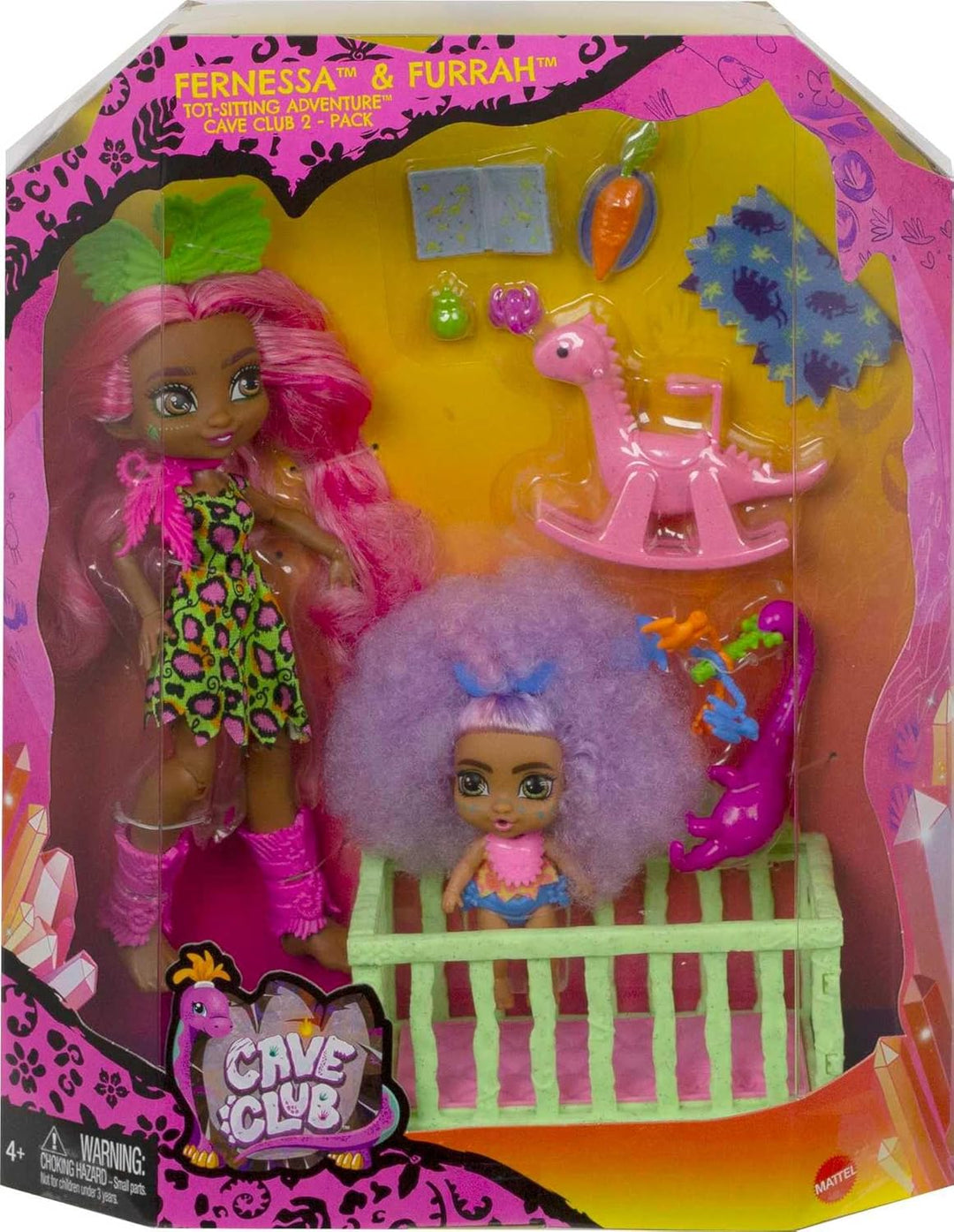 Mattel Cave Club GNL92 - Cave Club Wilder Babysittingspass Spielset mit 2 Puppen und Zubehör, für Ki