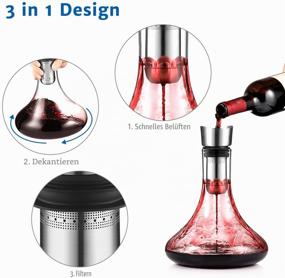 glastal Wein Dekanter Kristallglas Dekantierer mit Eingebautem Aerator Belüften und Filtern, Tropffr