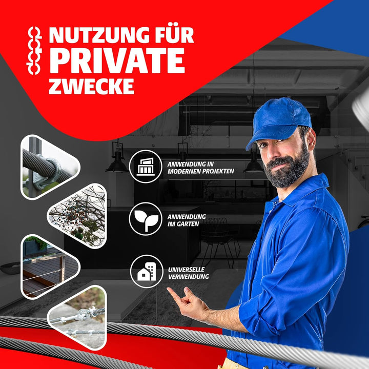 DQ-PP STAHLSEIL | 8mm | 5m | Edelstahl INOX | 7x7 mittelweich | Drahtseil für Rankhilfe Rostfrei Sei
