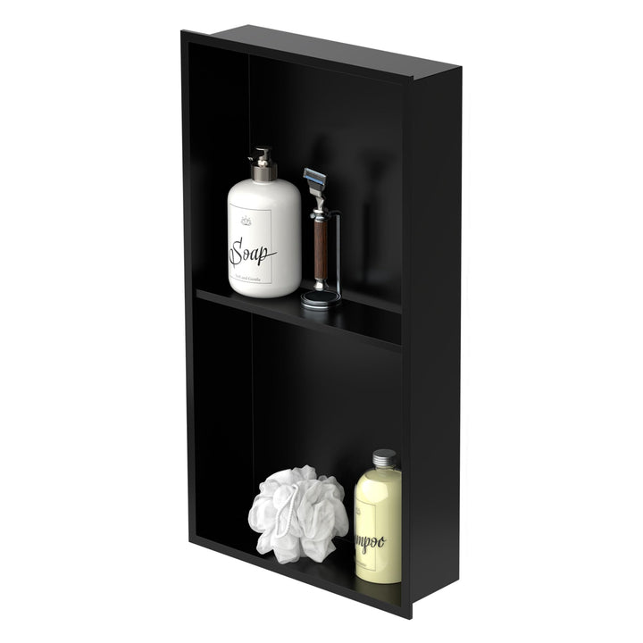 LuxeBath Wandnische Doppel aus Edelstahl, 30x60x10cm, Schwarz, Duschnische mit Rahmen, Einbauregal,
