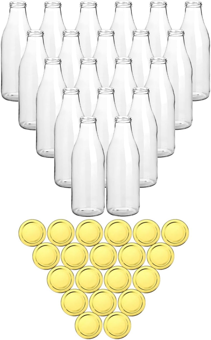 gouveo 20er Set Saftflasche 1000 ml mit Schraubdeckel goldfarben - Grosse Glasflasche 1 Liter mit TO