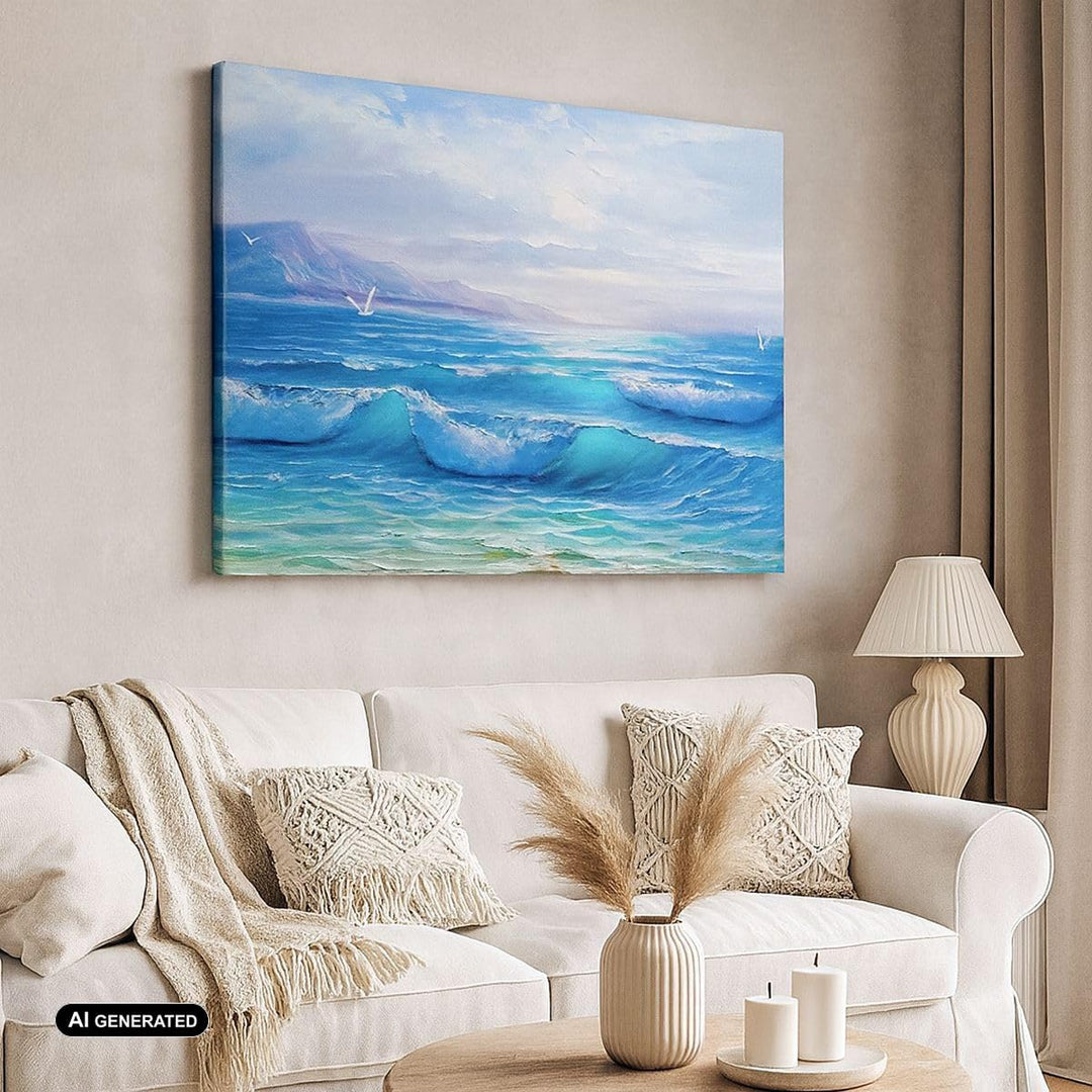 Bilder auf Leinwand 100x70cm Leinwandbild mit Rahmen Meer Welle Möwe Gross Wanddeko Bild Schlafzimme
