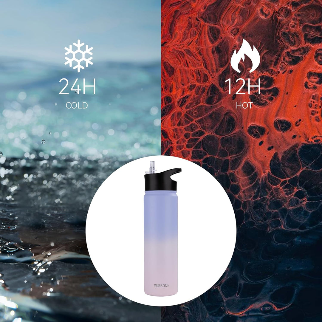 Edelstahl Trinkflasche 750ml (+2 Deckel)-mit Strohhalm,BPA frei,Thermosflasche Auslaufsicher,Kohlens