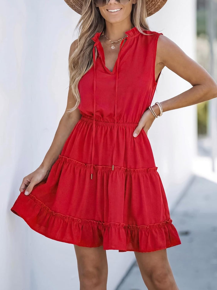 CUPSHE Damen Sommerkleid V Ausschnitt Ärmellos Volant A Linie Kurzes Kleid Freizeitkleider Beach Min