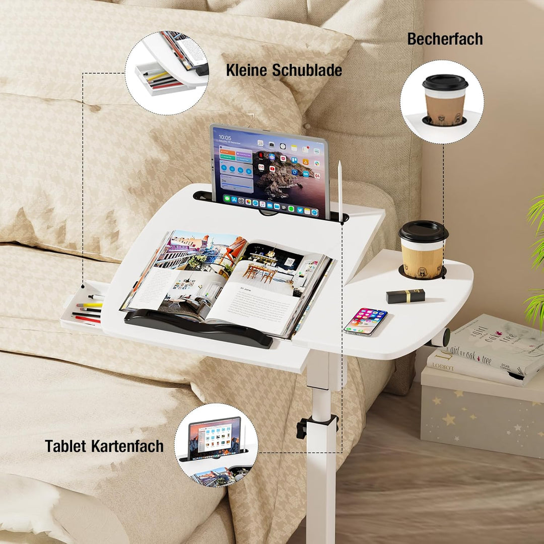 Beistelltisch Mit Rollen, 60x40cm, Mobiler Stehpult, Mobiler Schreibtisch mit Schubladen, Beistellti
