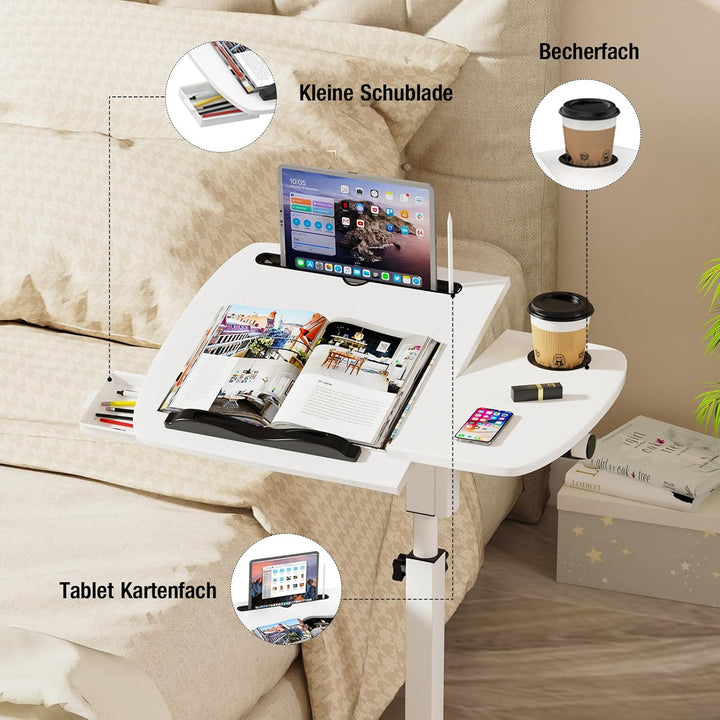 Beistelltisch Mit Rollen, 60x40cm, Mobiler Stehpult, Mobiler Schreibtisch mit Schubladen, Beistellti