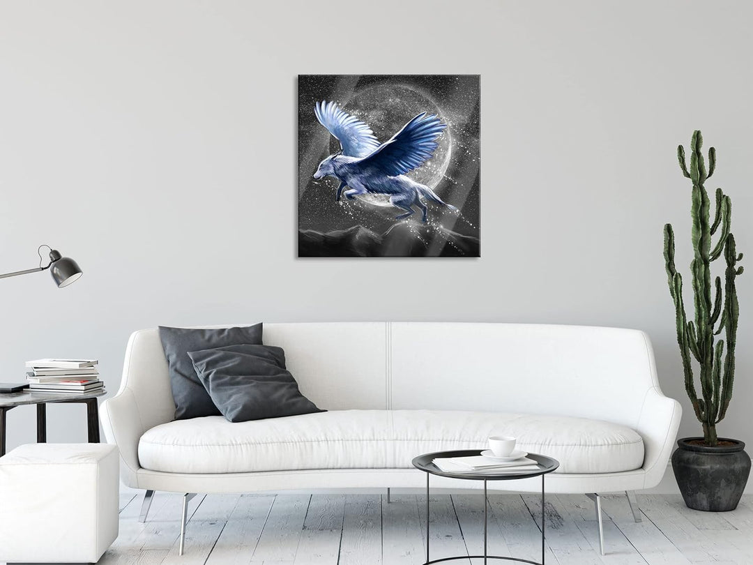 Pixxprint Glasbild | Wandbild auf Echtglas | Wolf mit Flügeln | 80x80 cm | inkl. Aufhängung und Abst