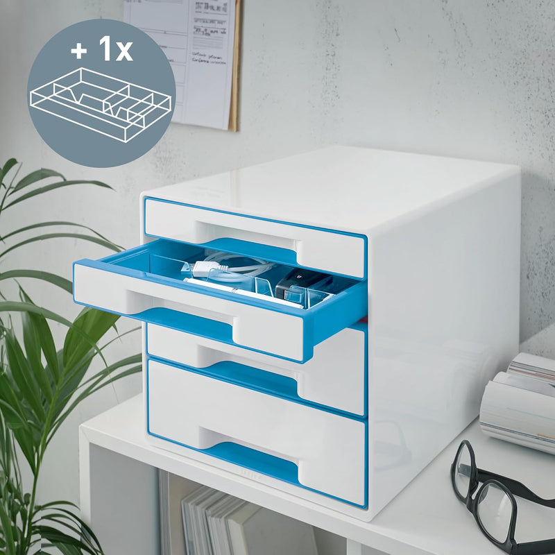 Leitz CUBE Schubladenbox mit 4 Schubladen, Weiss/Blau, A4, Inkl. transparentem Schubladeneinsatz, WO