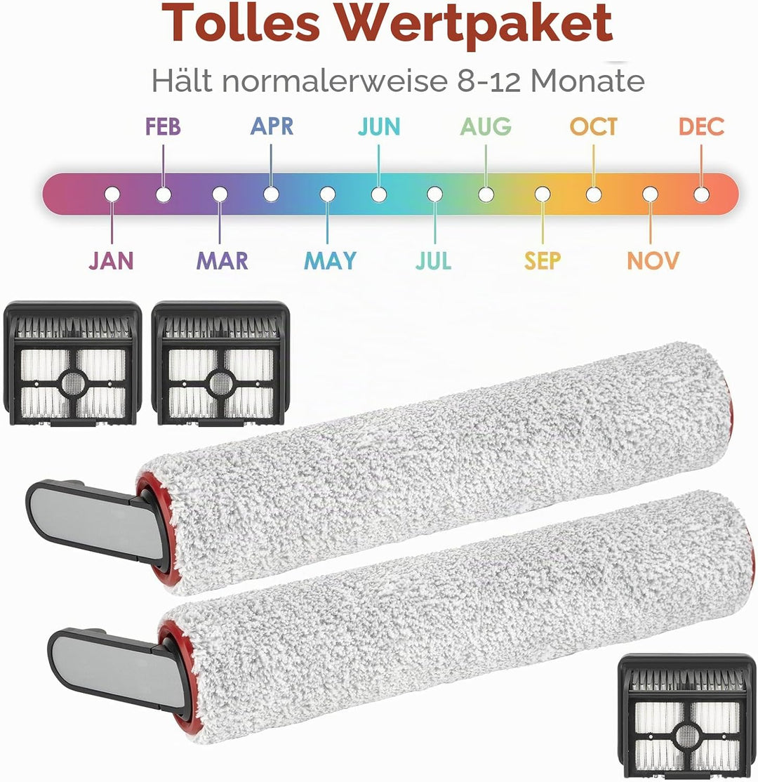 (5 Stück) Ersatzbürstenwalzen und HEPA-Filter Kompatibel für H12 Pro Kabellosen Nass- und Trockensta