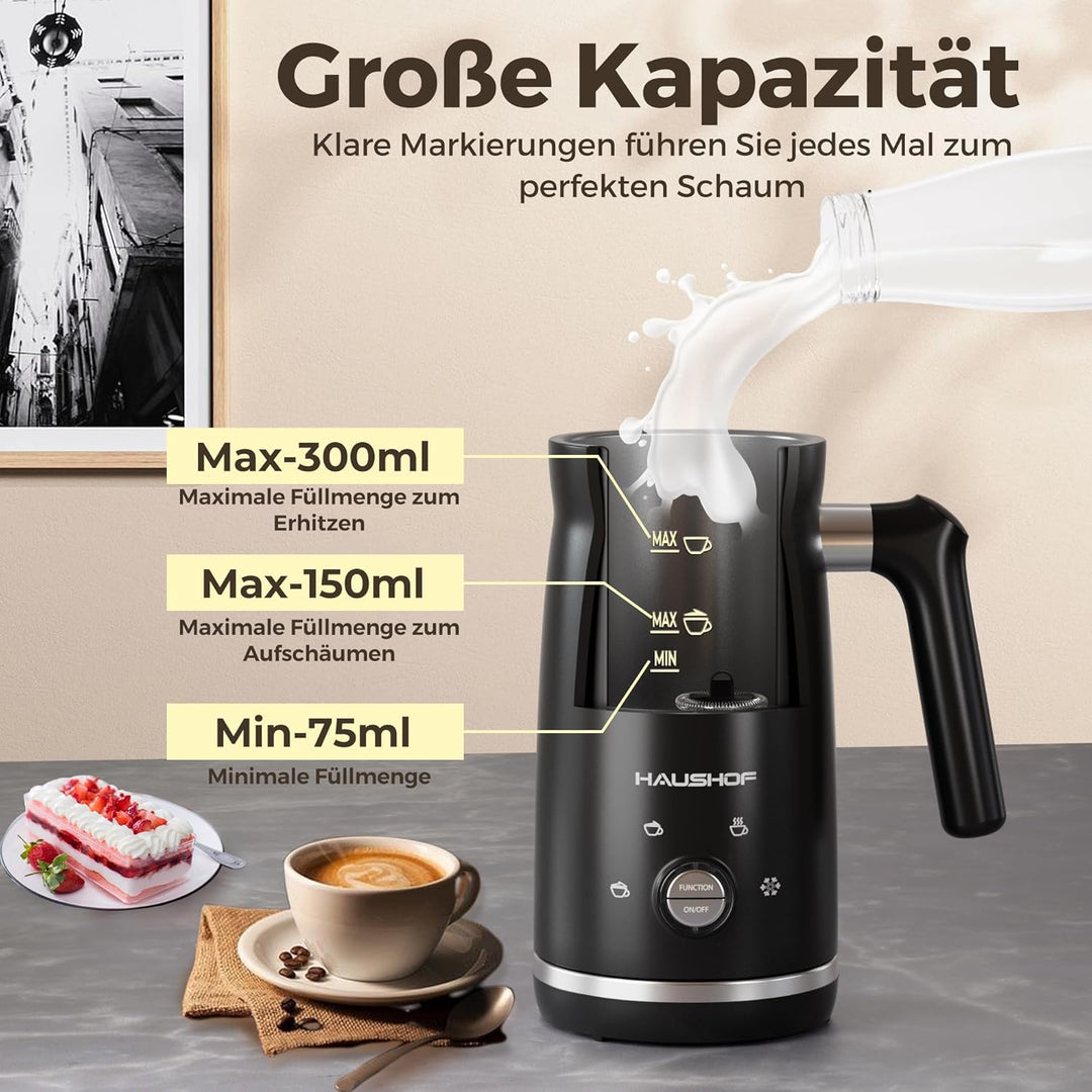 HAUSHOF Elektrischer Milchaufschäumer, 4 in 1 Elektrischer Milchdampfgarer, Automatische Milchschäum