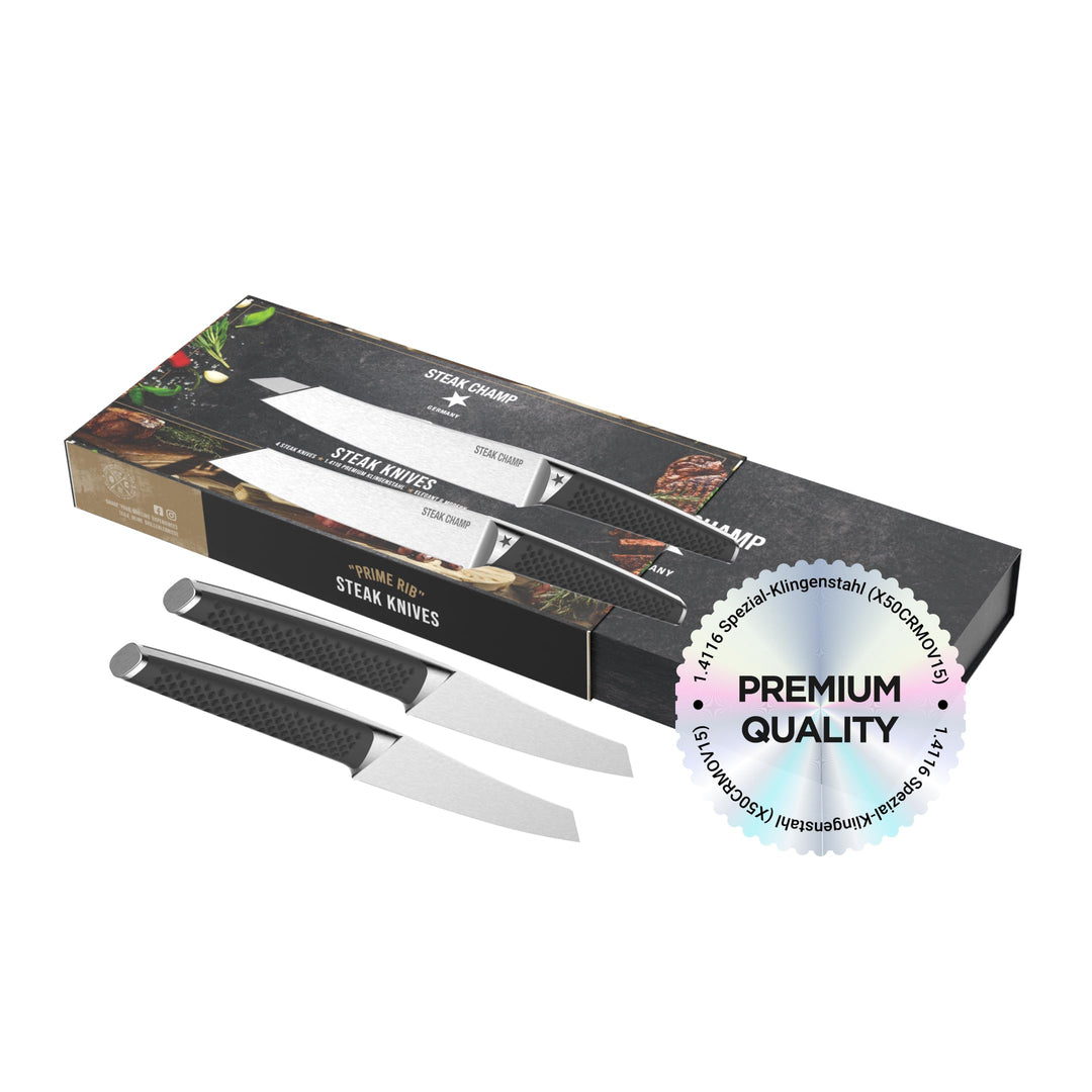 Steakchamp Steakmesser Prime Rib: 4 Steakmesser aus Klingenstahl, Rutschfeste Griffe, Elegantes Desi