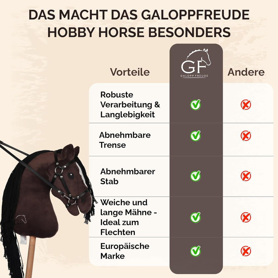 GaloppFreude® Hobby Horse Pferde Braunschecke – Grosses A3 Steckenpferd mit Schraubstab & Trense – H