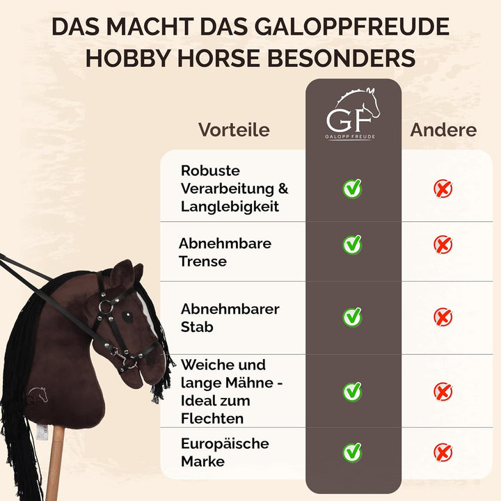 GaloppFreude® Hobby Horse Pferde Braunschecke – Grosses A3 Steckenpferd mit Schraubstab & Trense – H