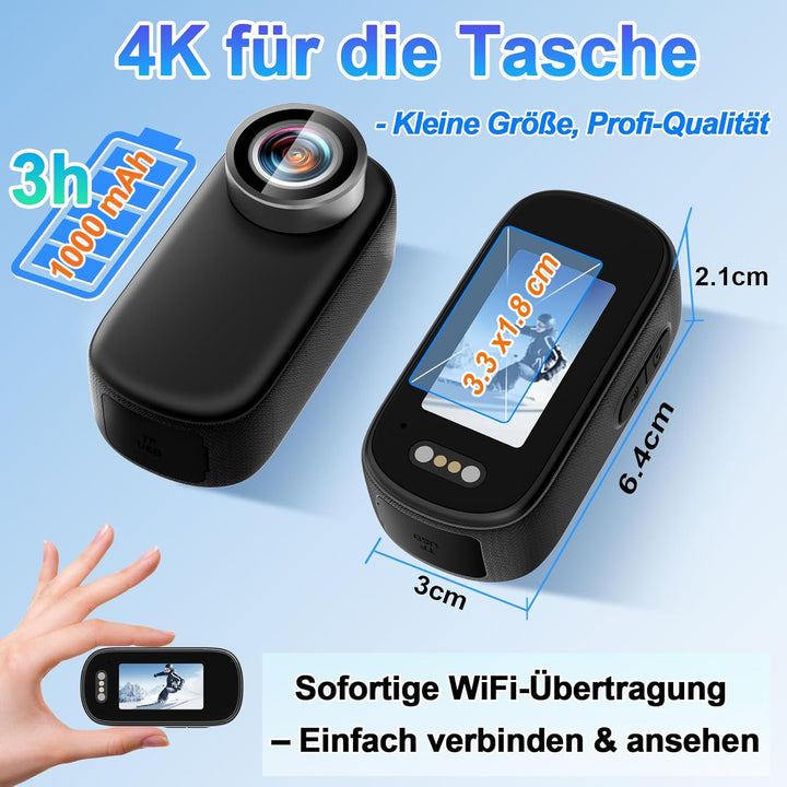 Mini Action Cam WiFi mit Bildschirm, 4K UHD & 150° Weitwinkel IP65 wasserdichte Bodycam 4K 64GB, Tra