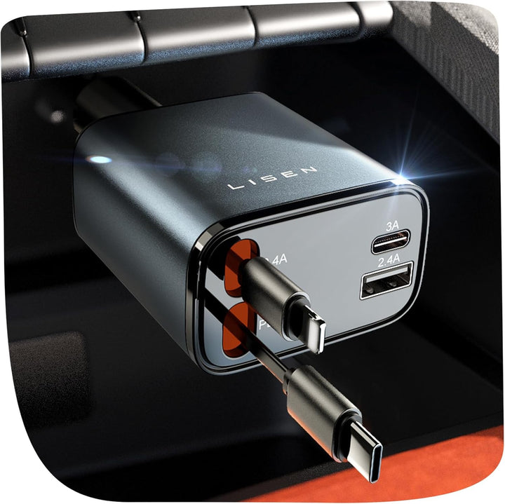 LISEN 69W Einziehbares Zigarettenanzünder USB C Schnellladegerät Ladegerät Auto Retractable ladekabe