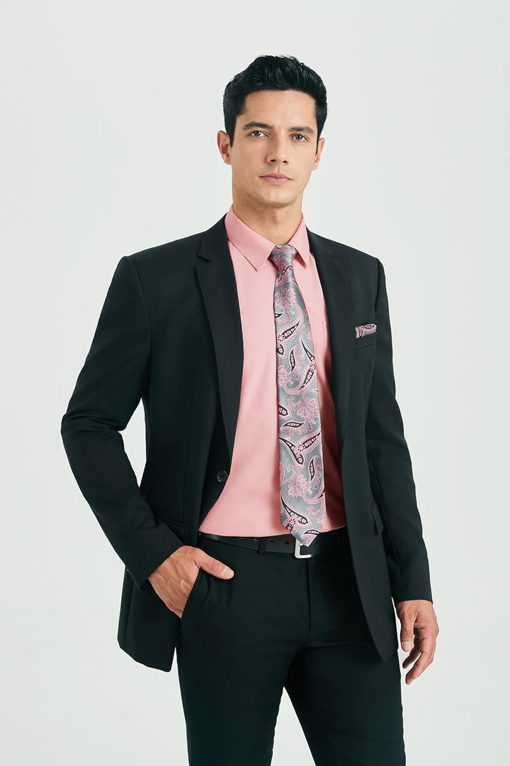 HISDERN Herren Hemd Langarm Einfarbige Hemden mit Krawatte und Taschentuch Formelle Businesshemd Hoc