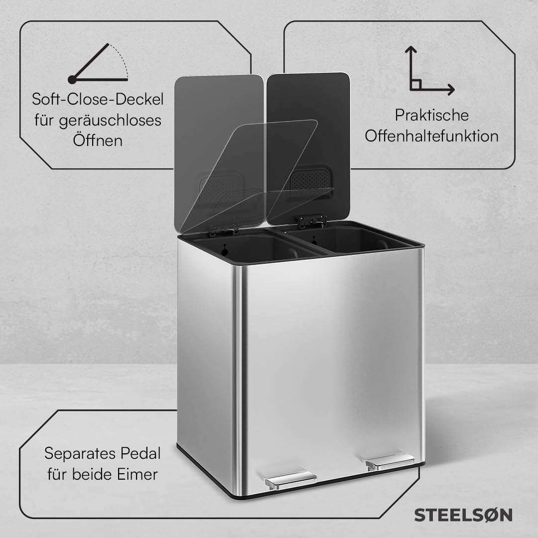 STEELSØN Gloas Mülleimer 2 Fächer – Mülltrennsystem Küche 2x15 L aus Edelstahl Silber – Tretmülleime