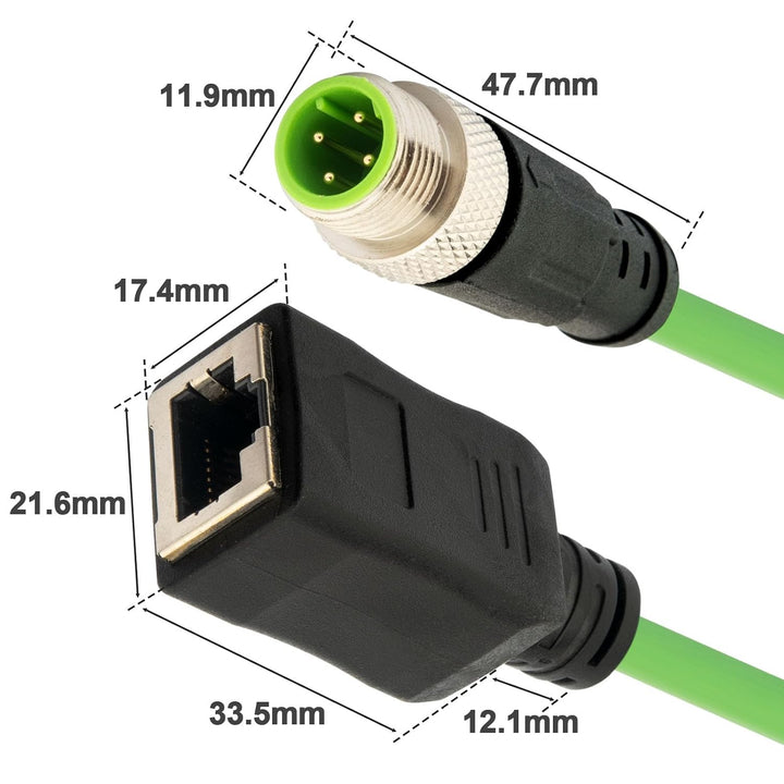 M12 D-Code 4-polig auf RJ45 Kabel (1m), Industrial Ethernet Cat5e Patchkabel, Stecker zu Buchse, IP6