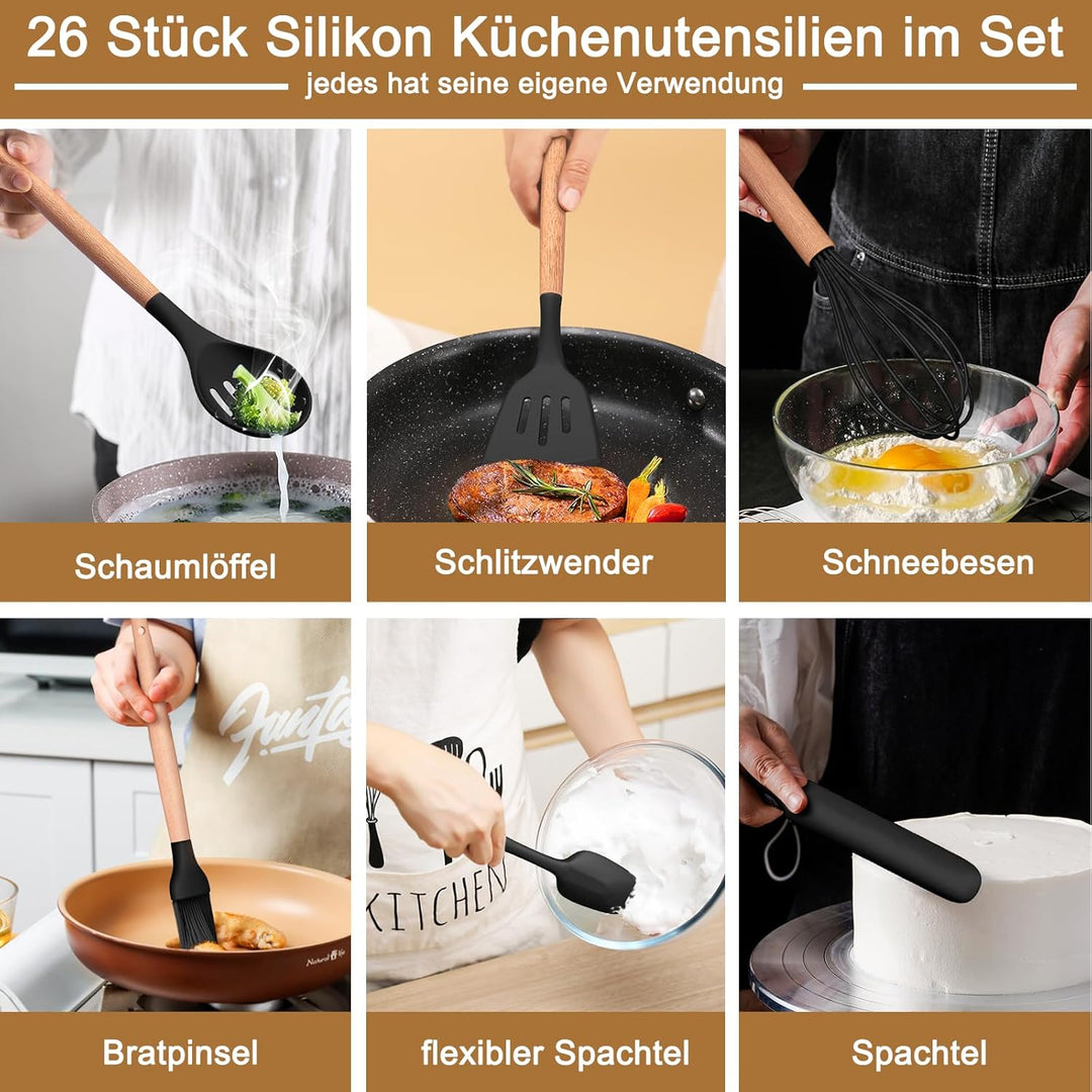 Küchenhelfer Set, 26 Stück Silikon Kochutensilien Kochbesteck, Hitzebeständiger Kochgeschirr mit Ute