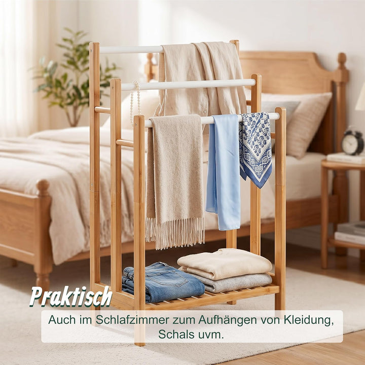 Relaxdays Handtuchhalter, mit 3 Stangen &amp; Ablage, HBT: 86x46x24 cm, für Hand- &amp; Badetücher, Bambus &amp;