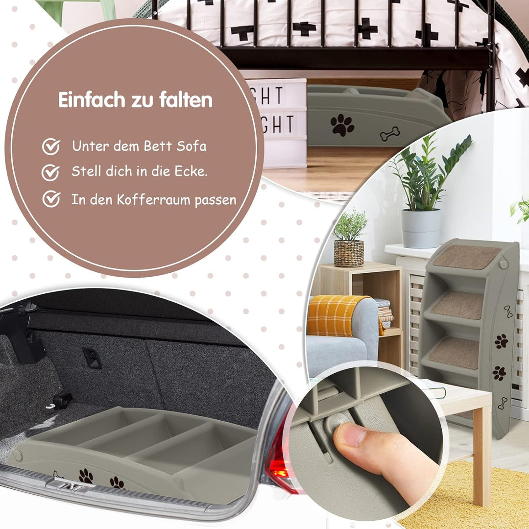 GOPLUS Hundetreppe mit 4 Stufen, Tragbare Tiertreppe aus Kunststoff, Klappbare Treppe für Haustiere,