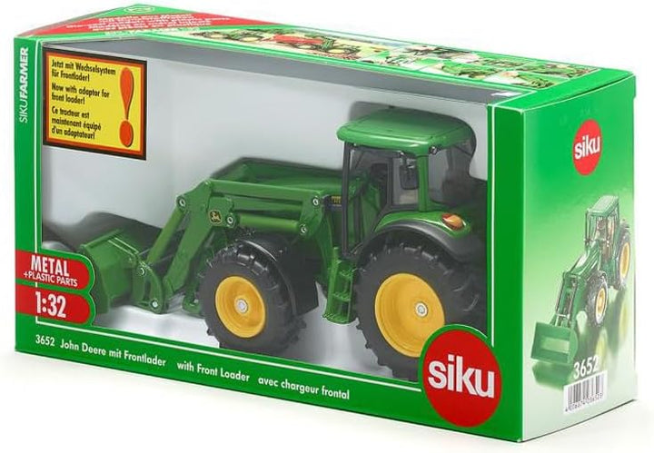 siku 3652, John Deere Traktor mit Frontlader, 1:32, Metall/Kunststoff, Grün, Beweglicher Frontlader,