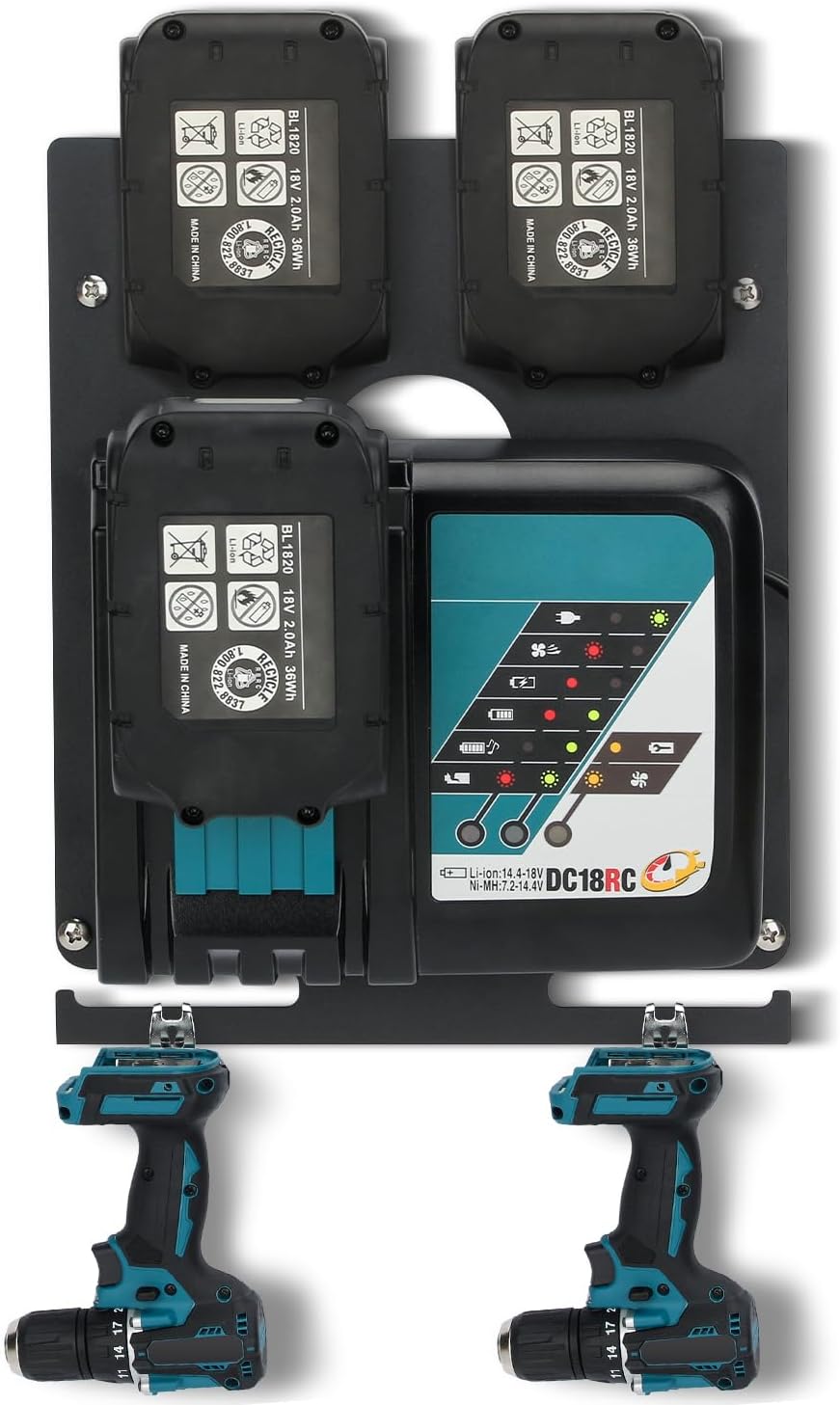 DITKOK 3in1 Wandhalterung für Makita Akkus 18V 14,4V, Ladegeräte DC18RC und Akku-Bohrschrauber, stab