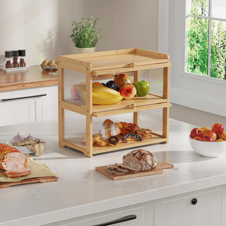 BAMBANG Extragross Bambus Brotkasten für Küchentheke, 2 Stufe Bauernhaus Brotbox, Holz Brotkasten Br