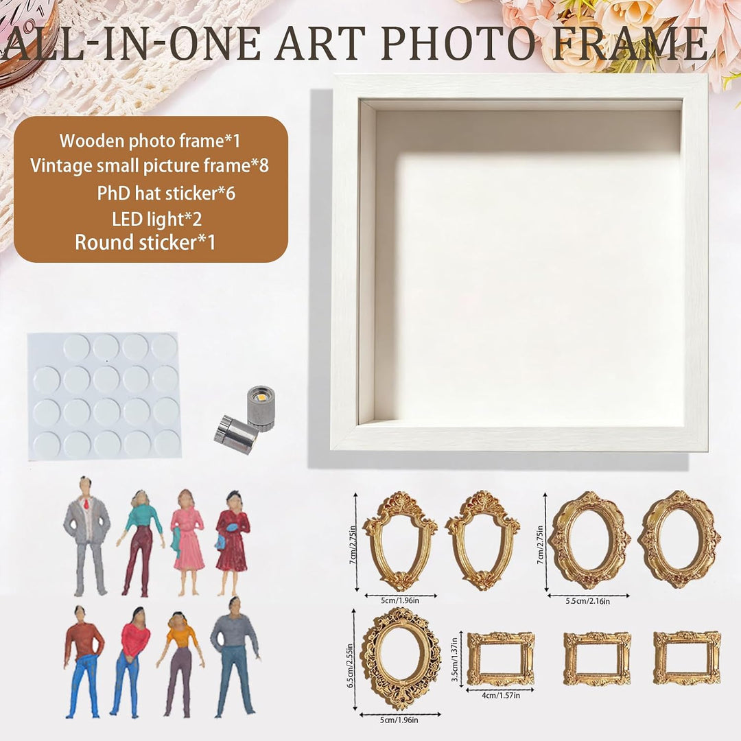 YOUYIKE Mini Museum Bilderrahmen mit LED Licht, DIY Weisser Rand Museum of us mit 8 Mini Gold Kleine