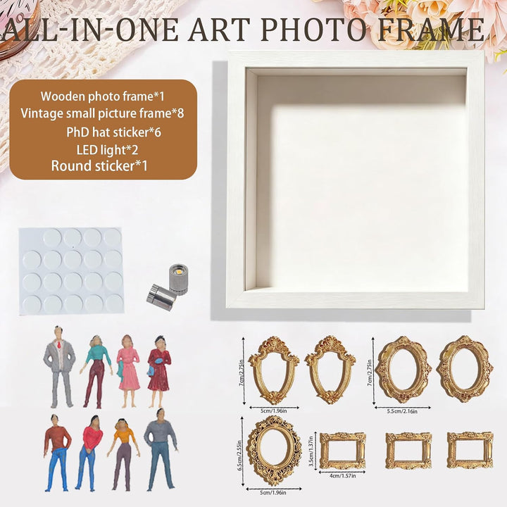 YOUYIKE Mini Museum Bilderrahmen mit LED Licht, DIY Weisser Rand Museum of us mit 8 Mini Gold Kleine