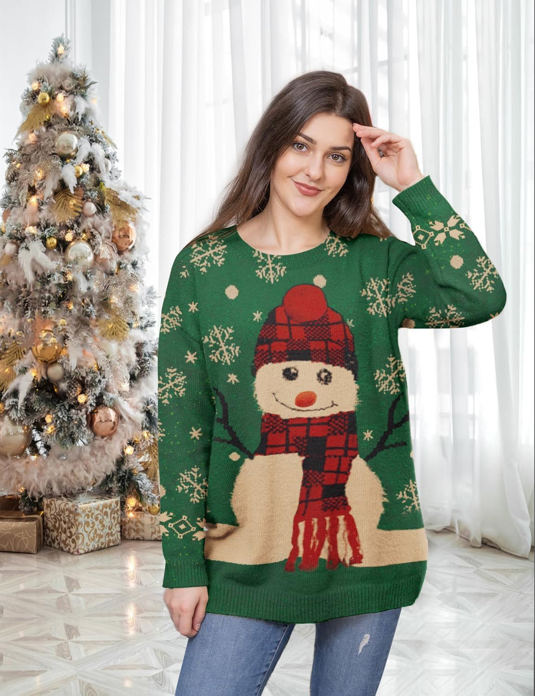 Janein Damen Pullover Oversize Lang Strickpullover Herbst Winter Rundhals Sweater mit Blumenmuster W