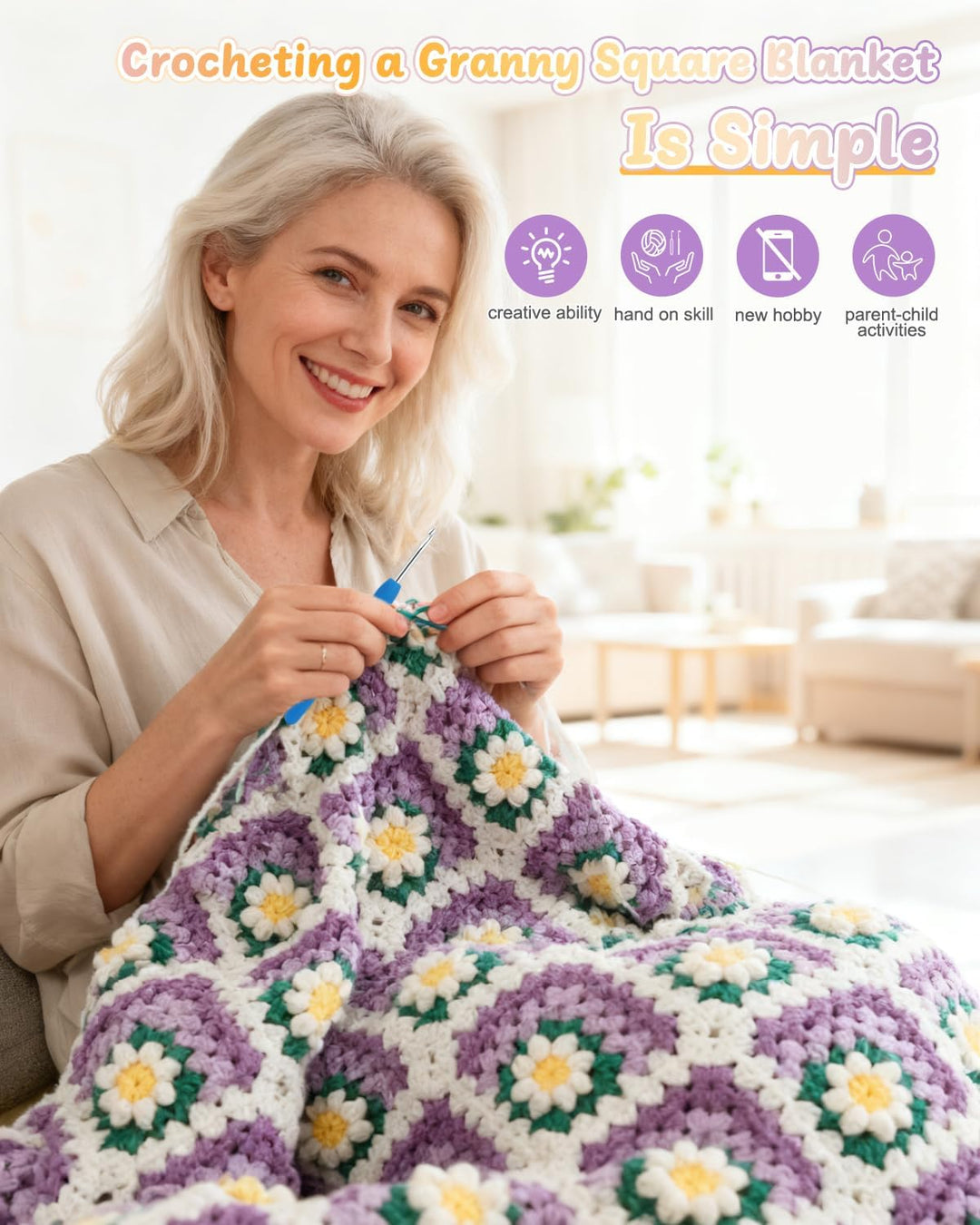 Coopay Granny Square Häkelset für Anfänger, Häkel Set für Gänseblümchen Decke 3D, Komplett Häkelset