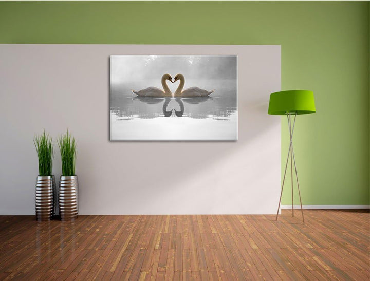 verliebte Schwäne auf See schwarz/weiss Format: 100x70 auf Leinwand, XXL riesige Bilder fertig gerah