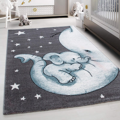 Kinderteppich für Jungen und Mädchen Elefant Muster 120 cm Rund Blau - Kurzflor Waschbarer Teppich E